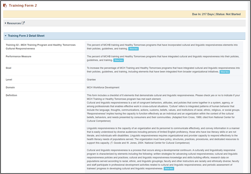 Screenshot of Training form 2 detail sheet