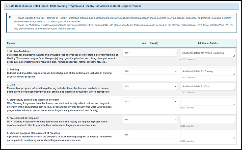 Screenshot of Data collection for detail sheet