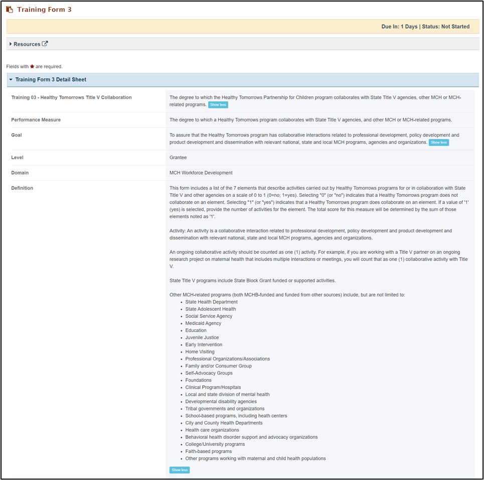 Screenshot of Training form 3