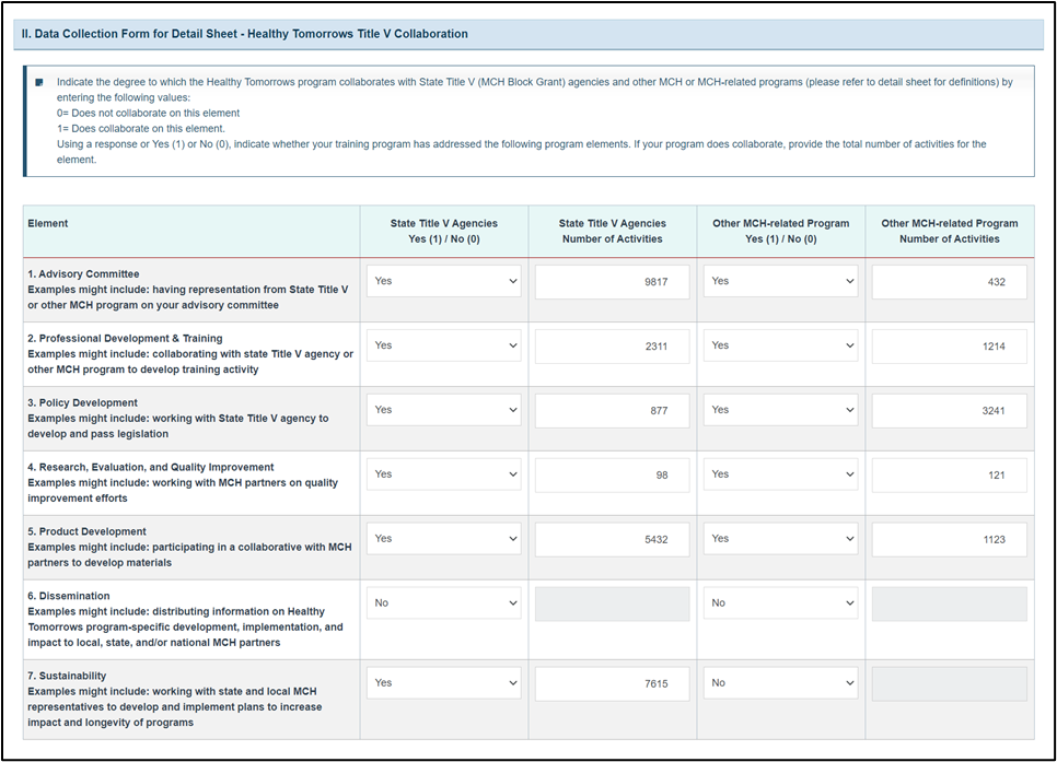 Screenshot of Data collection for detail sheet