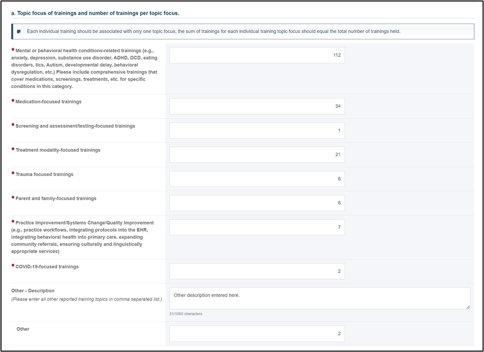 Screenshot of Topic of trainings and numbers field
