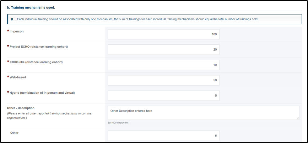 Screenshot of Training mechanisms used field