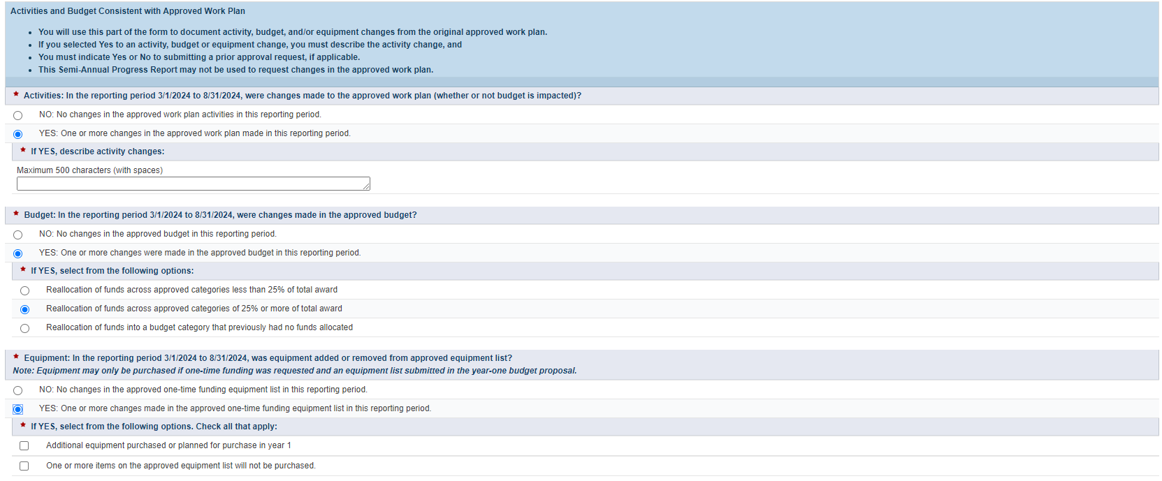 Screenshot of activities and budget consistent with approved work plan