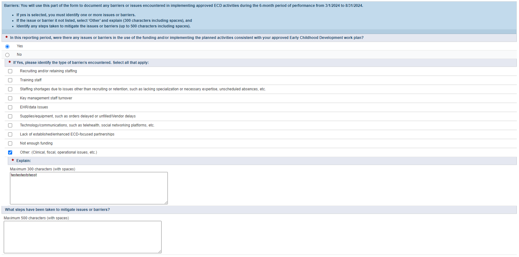 Screenshot of Barrier Reports Selection