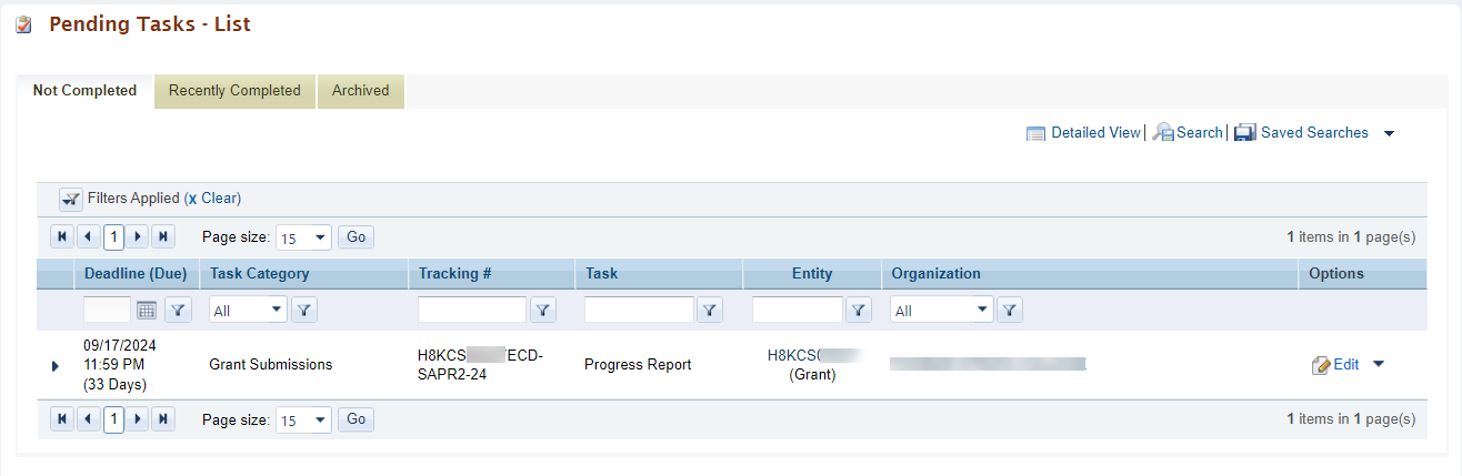 Screenshot of Pending Tasks List page