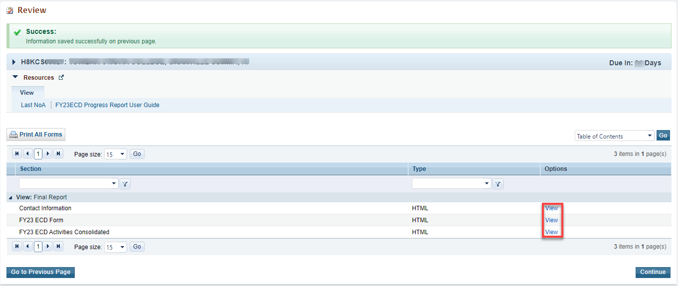 Screenshot of Review info request response