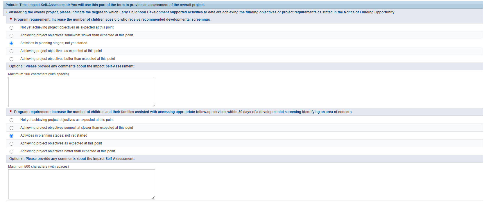 Screenshot of point in time impact self assessment