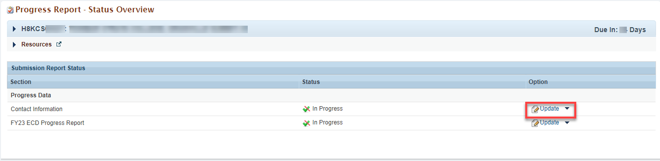 Screenshot of progress report status overview page