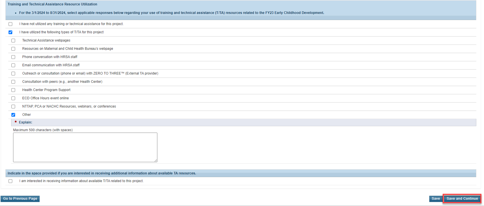 Screenshot of training and technical assistance resource utilization