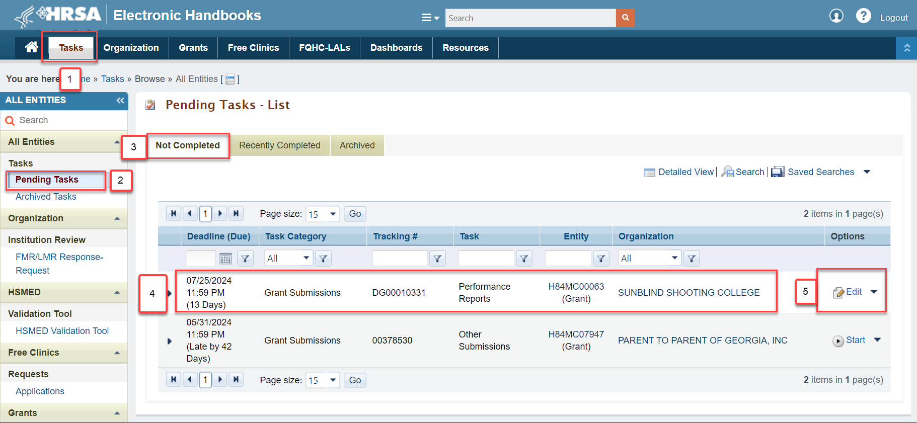Screenshot of pending tasks list page