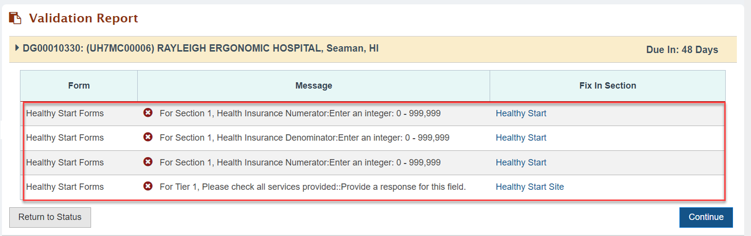 Screenshot of Validation report screen