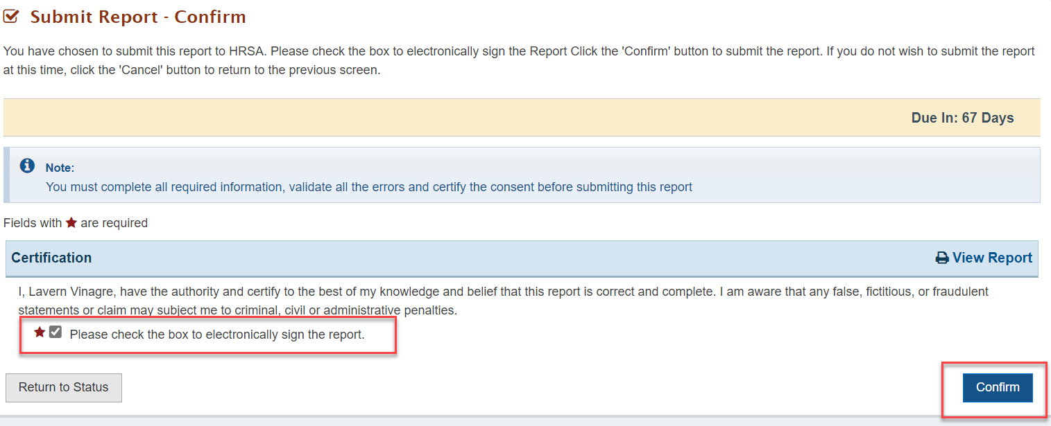 Screenshot of Submit report confirm screen