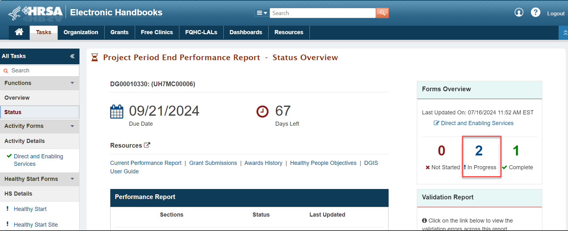 Screenshot of Status Overview page