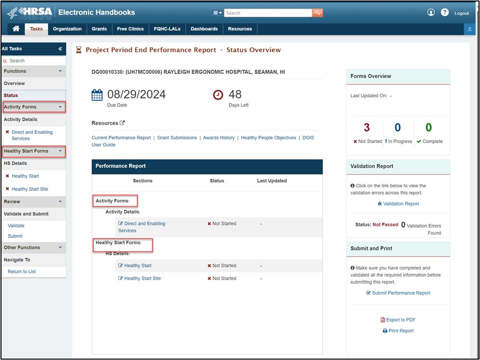 Screenshot of Project period ending performance report overview screen