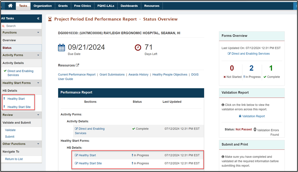 Screenshot of Project period ending performance report overview screen