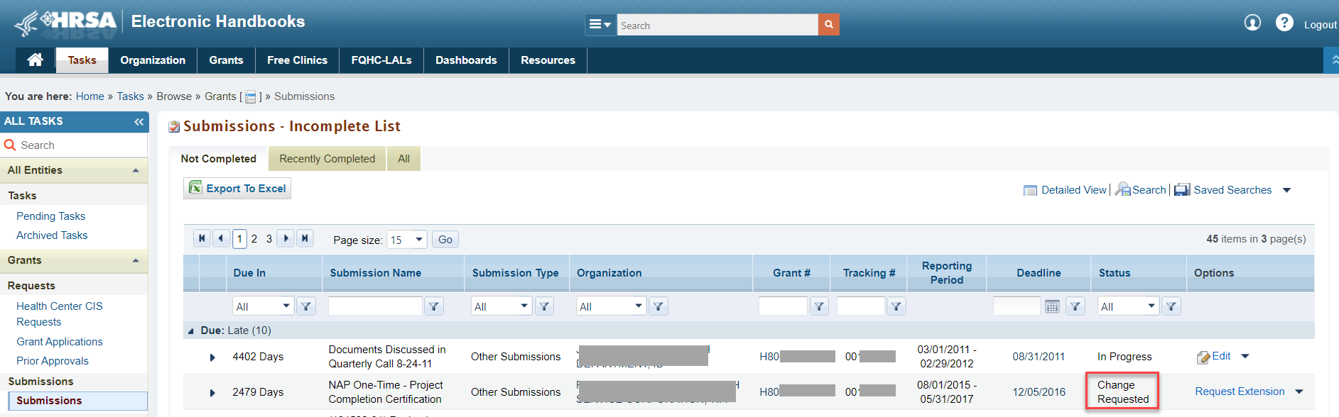 Screenshot of a the Submissions Incomplete List showing a UDS Report Returned for Change Request