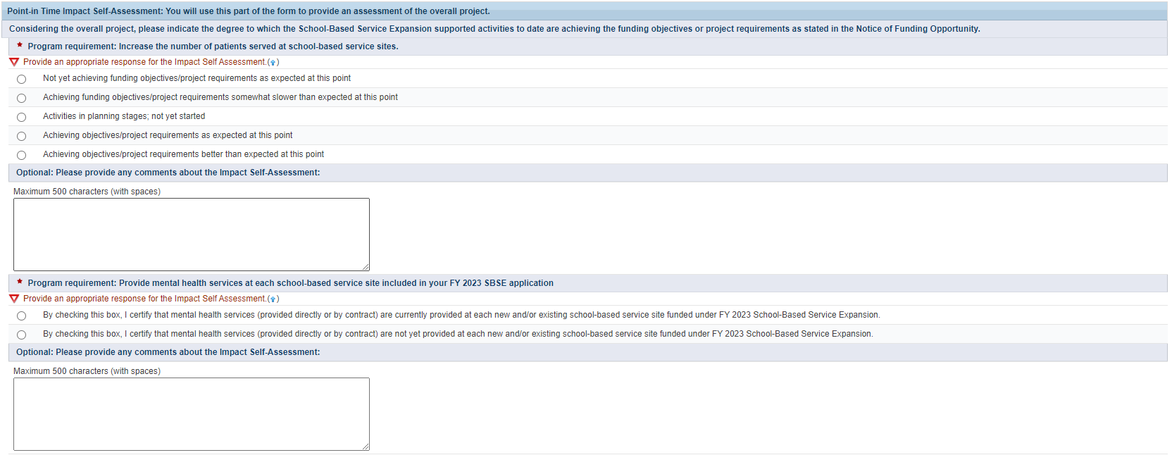  Screenshot of point in time impact self assessment