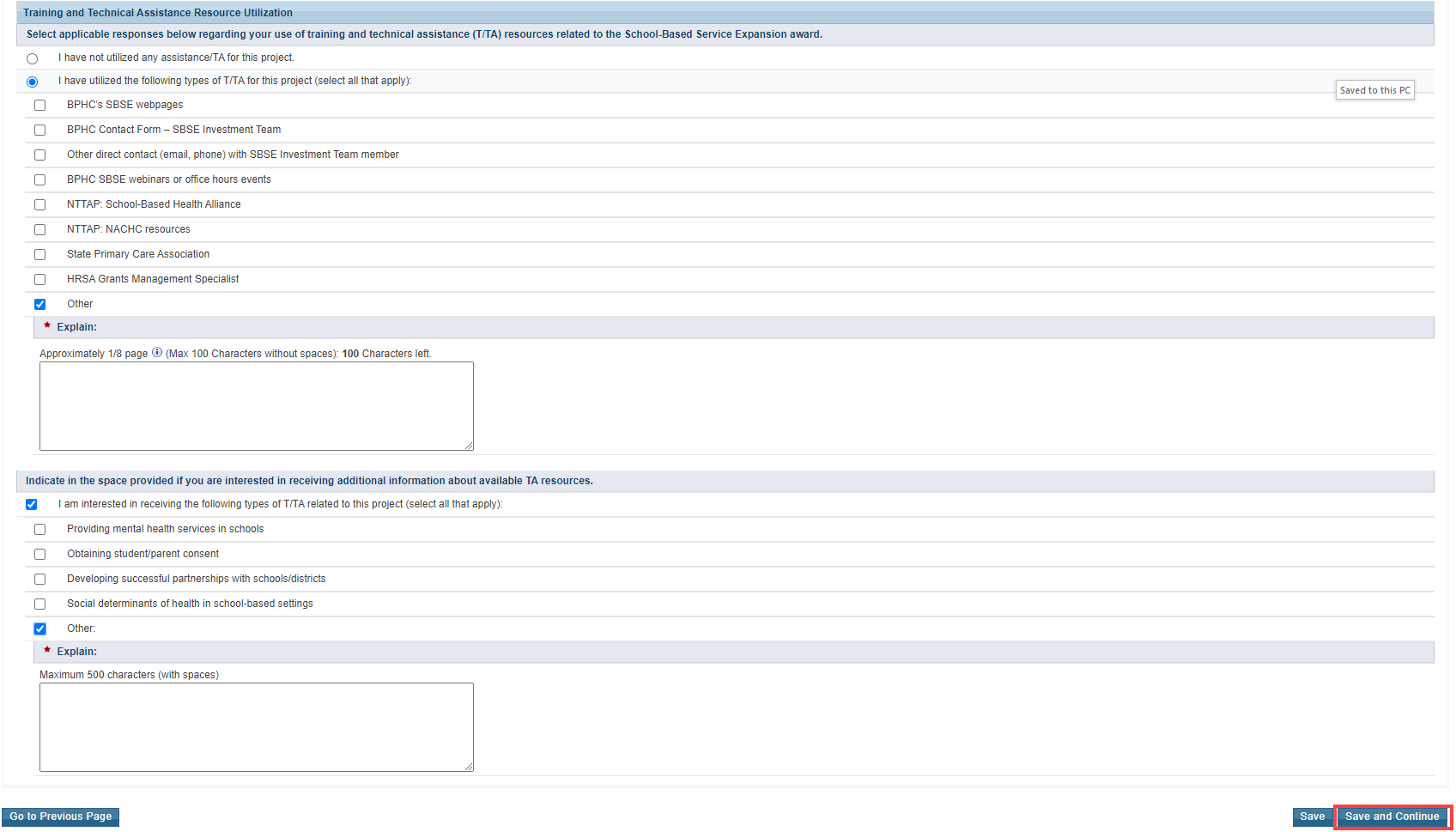 Screenshot of training and technical assistance resource utilization
