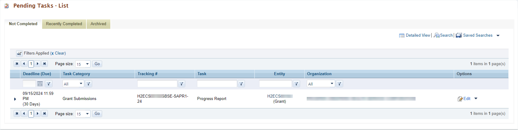 Screenshot of Pending Tasks List page