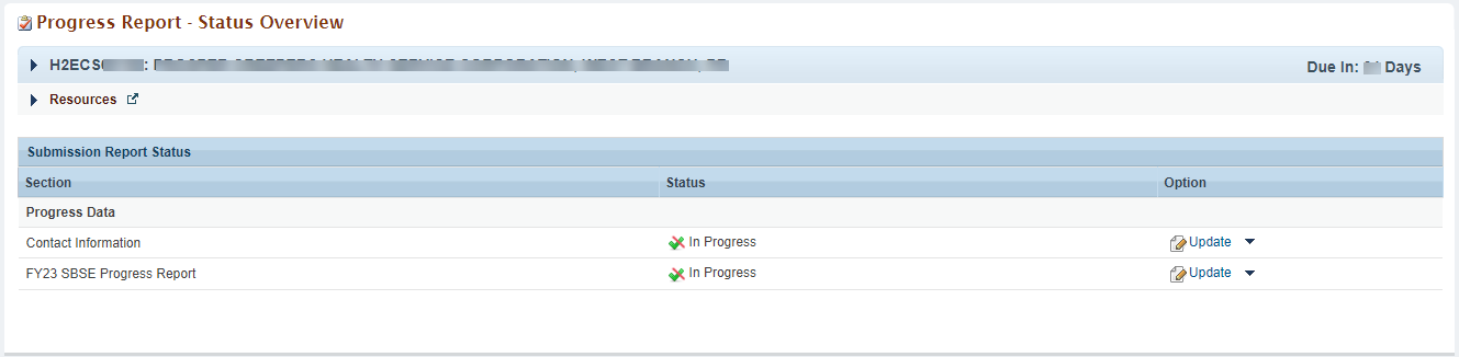 Screenshot of progress report status overview page