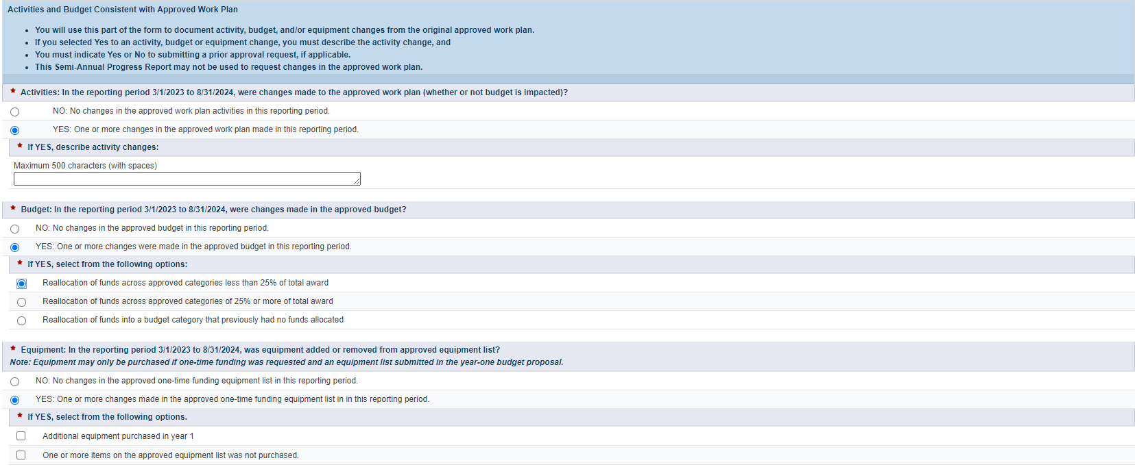 Screenshot of activities and budget consistent with approved work plan