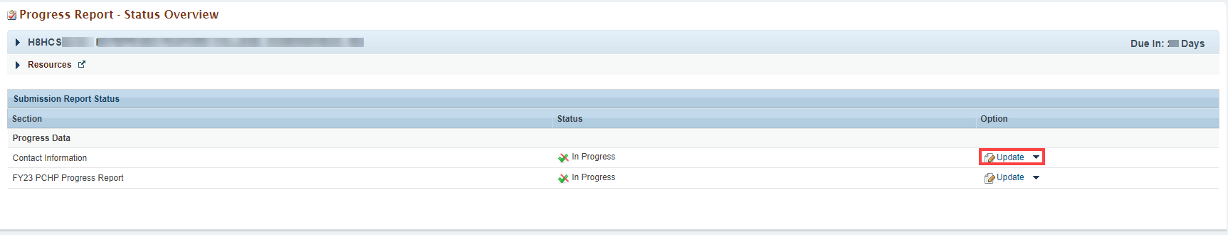 Screenshot of progress report status overview page