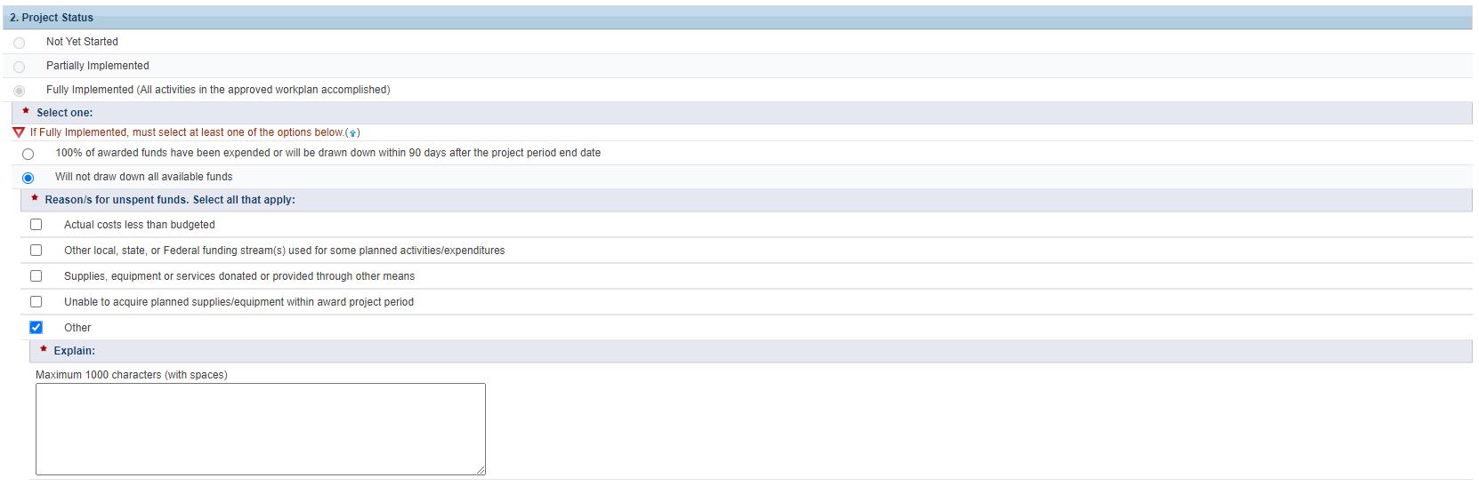 Screenshot of question 2 project status