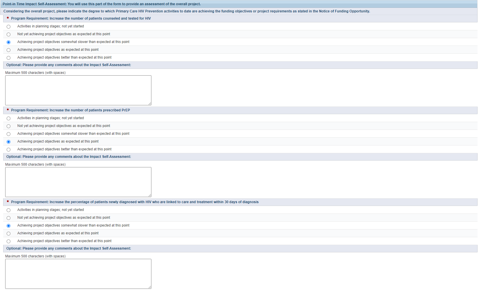 Screenshot of point in time impact self assessment