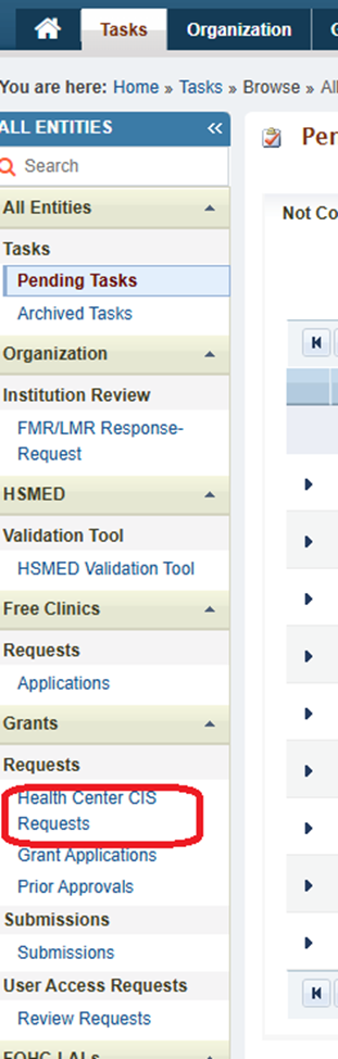 screenshot  left navigation panel. 