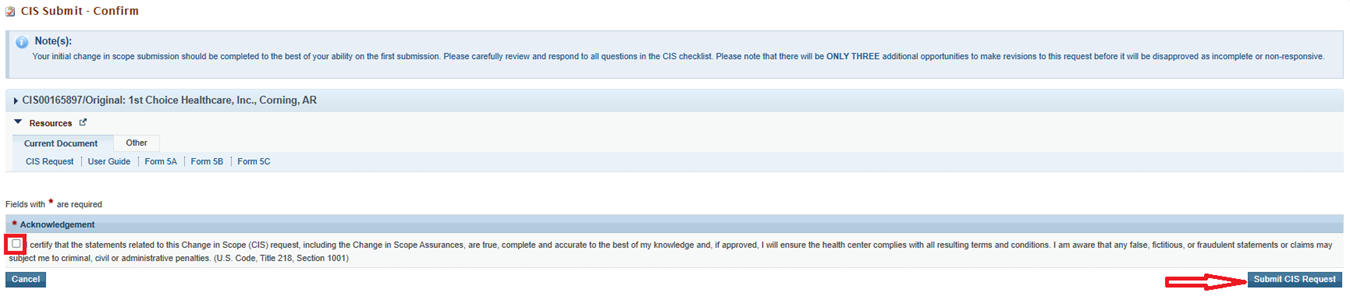 Screenshot CIS Acknowledgment Confirm page 