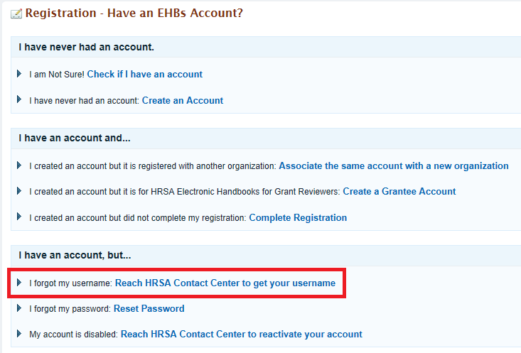 EHBs Registration page Forgot Username option