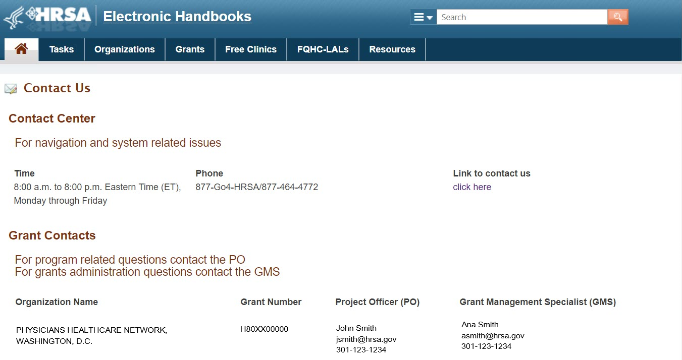 Screenshot of HRSA Contacts link in the Help Widget.