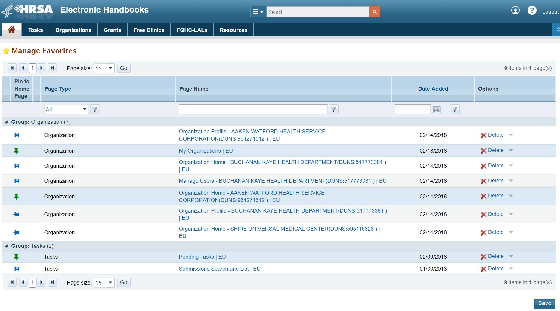 Image of Manage Favorites Page