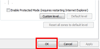 Screenshot of the Internet Options window - OK Button to accept changes
