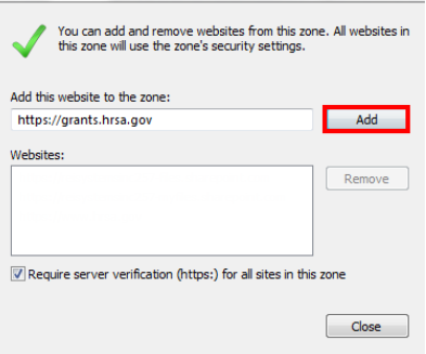 Screenshot of the Trusted Sites window, highlighting the Add website button