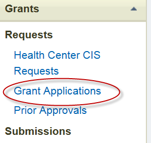 Circled Grant Applications section in left menu
