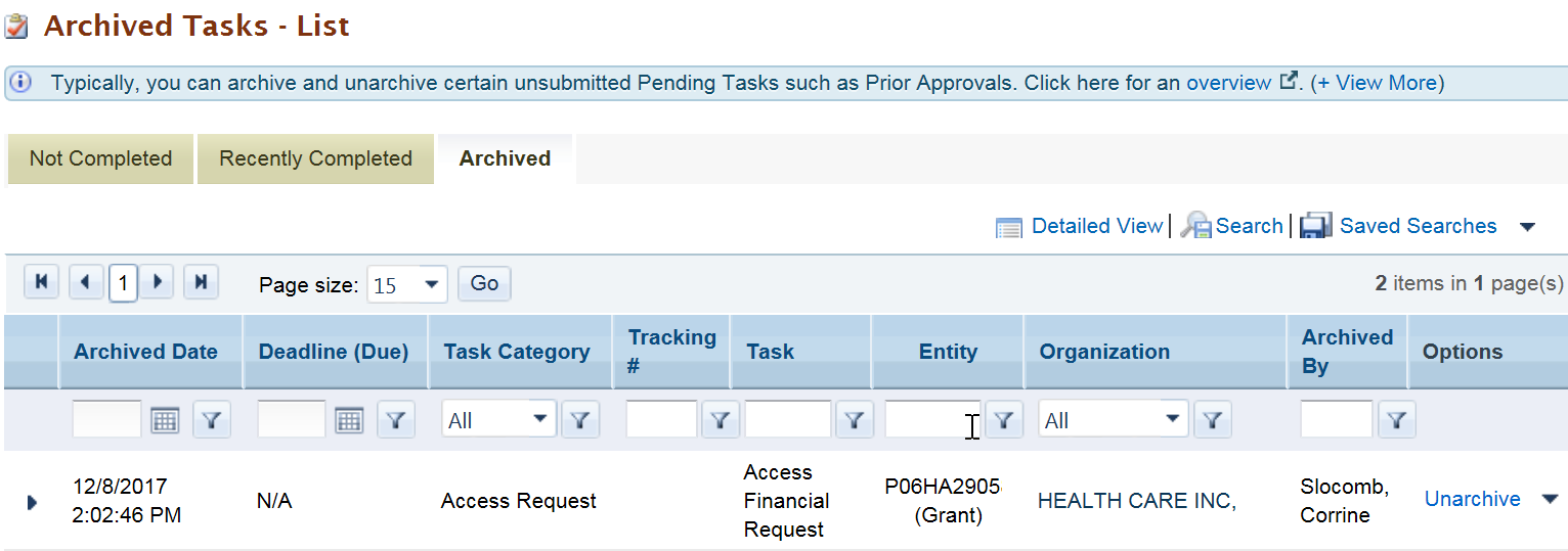 Screenshot of Archived Tab in Pending Tasks list