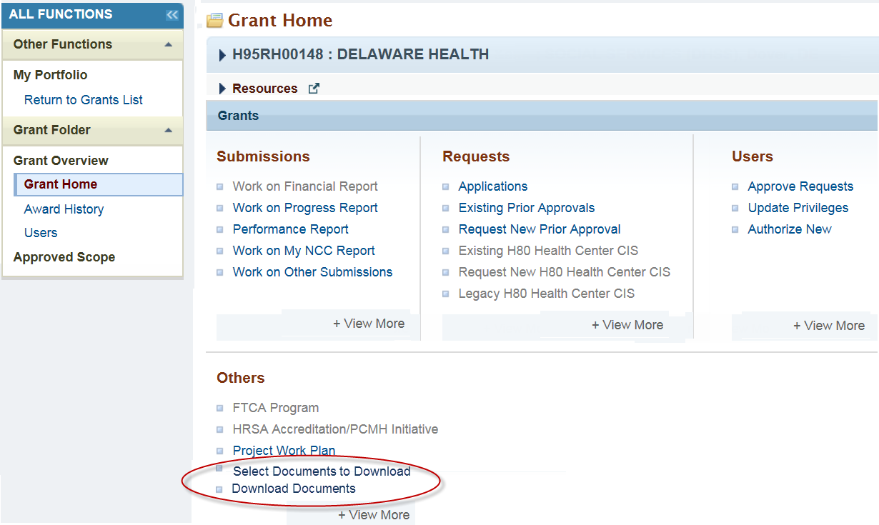 Grant Home with Download Documents link circled