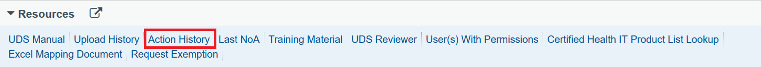 EHBs KB for Grantees > Uniform Data System (UDS) Enhancements > Action History popup link.png (Action History Resource section link) Screenshot of Action History Resource section link
