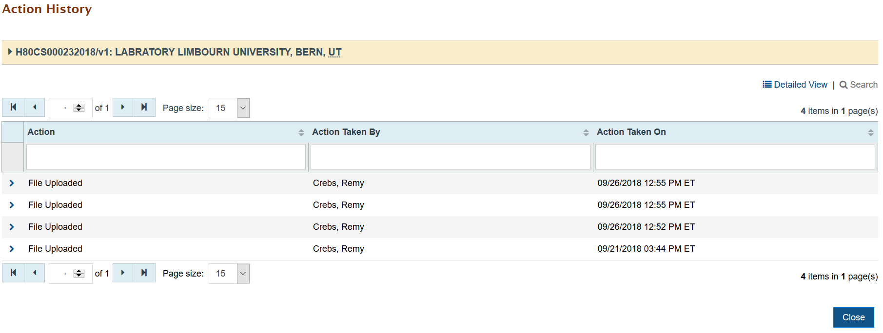 EHBs KB for Grantees > Uniform Data System (UDS) Enhancements > Action history popup.png (Action History popup) Screenshot of Action History popup