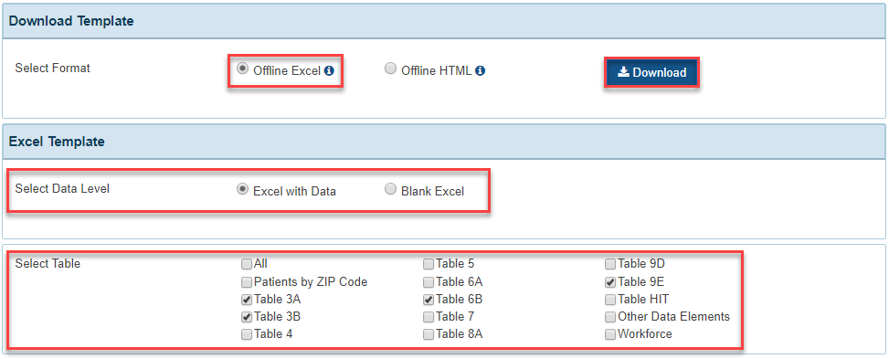 EHBs KB for Grantees > Uniform Data System (UDS) Enhancements > Download template.png (Download Offline Excel File with Data) Screenshot of selections to Download Offline Excel File with Data and specific tables