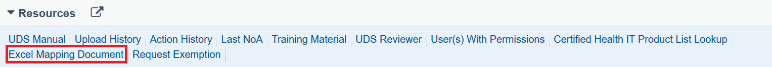 EHBs KB for Grantees > Uniform Data System (UDS) Enhancements > Excel Mapping doc link.png (Excel Mapping Document Resource section link) Screenshot of Excel Mapping Document Resource section link