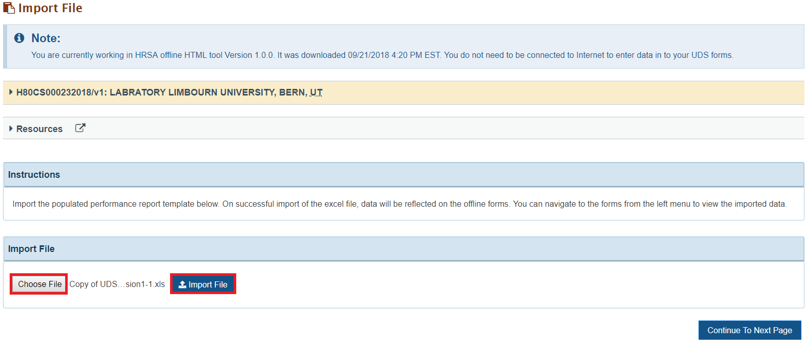Screenshot of Import file page