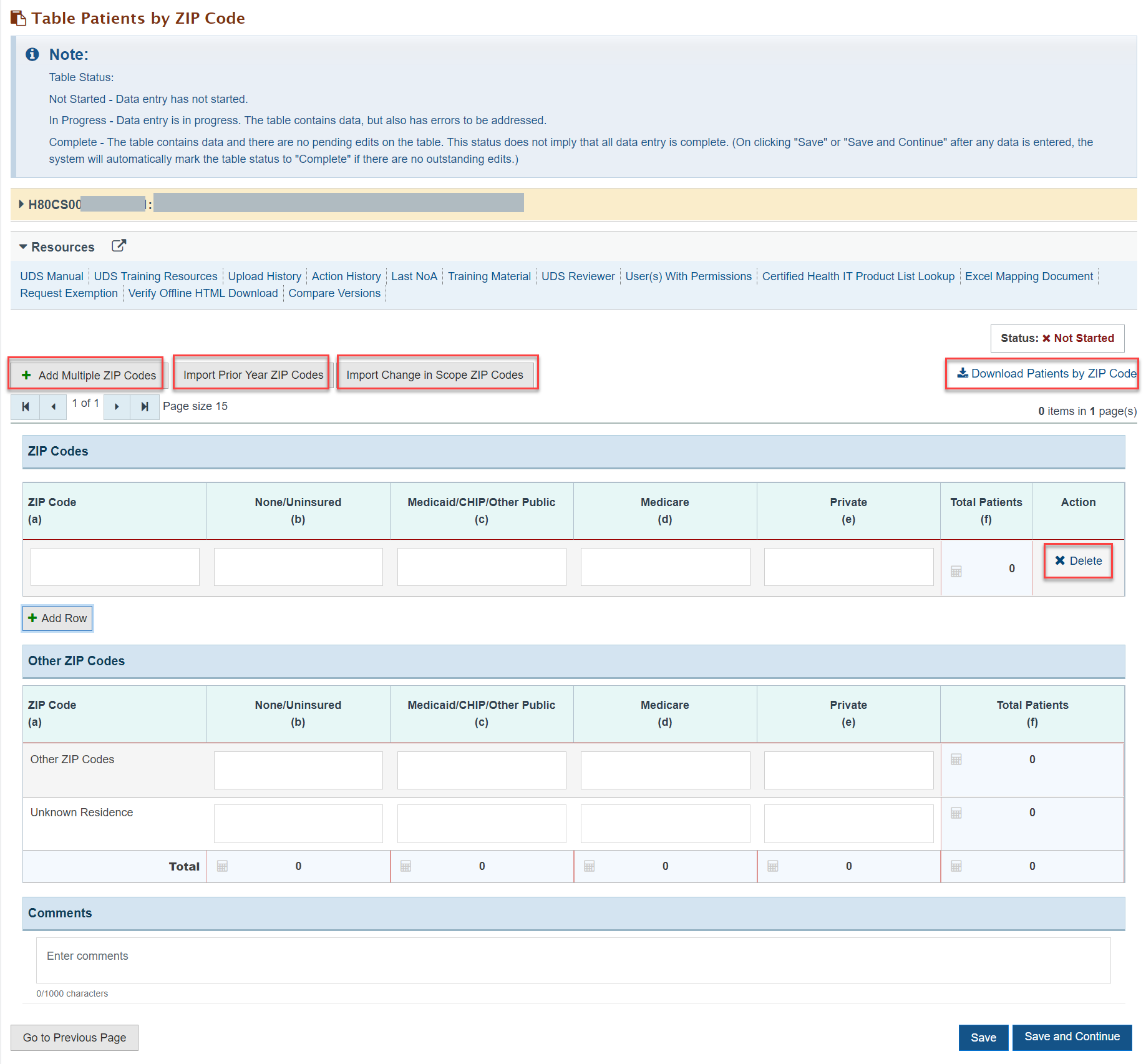 Screenshot of the Table Patients by ZIP Code page
