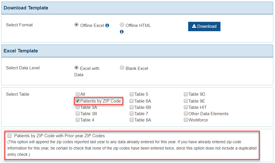 EHBs KB for Grantees > Uniform Data System (UDS) Enhancements > Patients By ZIP Code.png (Download Patients with Zip Code) Screenshot of option to Download Patients with Zip Code