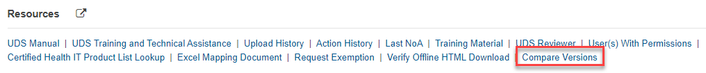 Screenshot of the Resources section showing the Compare Versions option