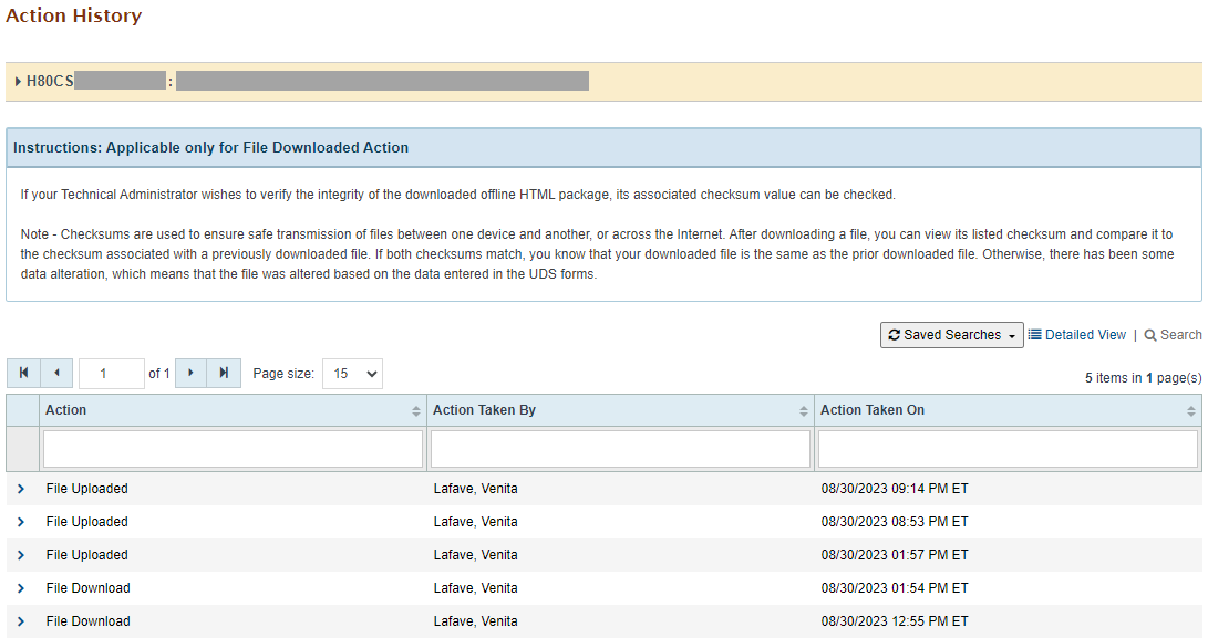 Screenshot of the Action history page