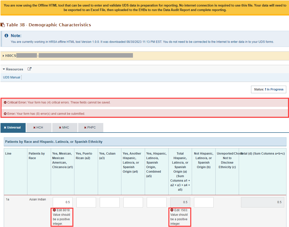Screenshot of an Offline HTML page showing error messages