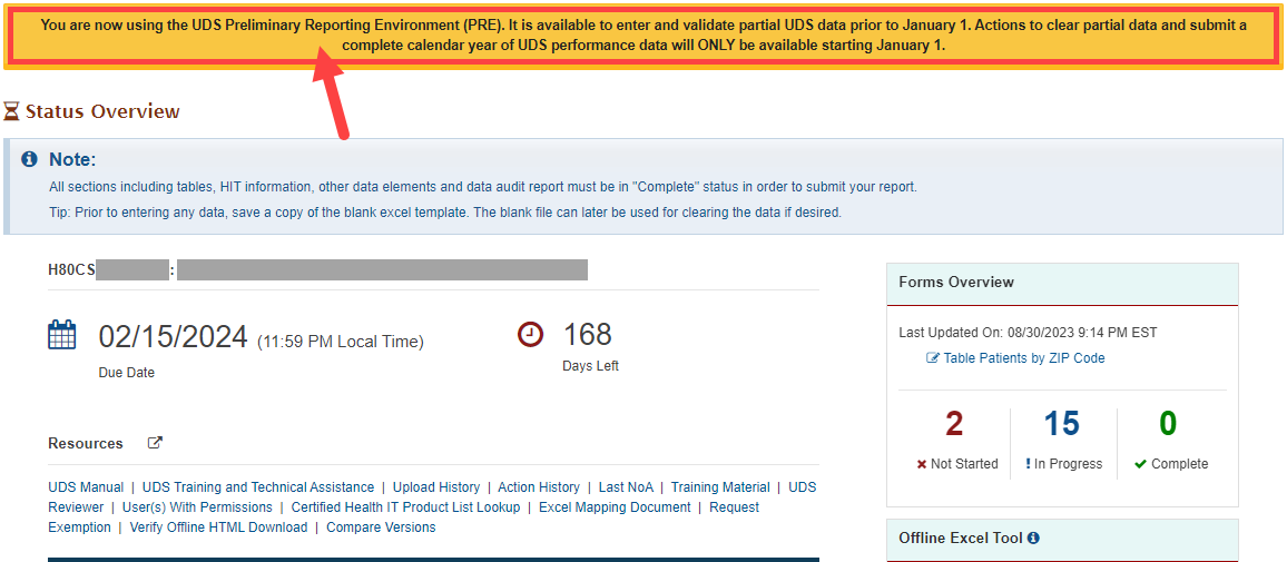 Screenshot of the Preliminary Reporting Environment PRE notification message