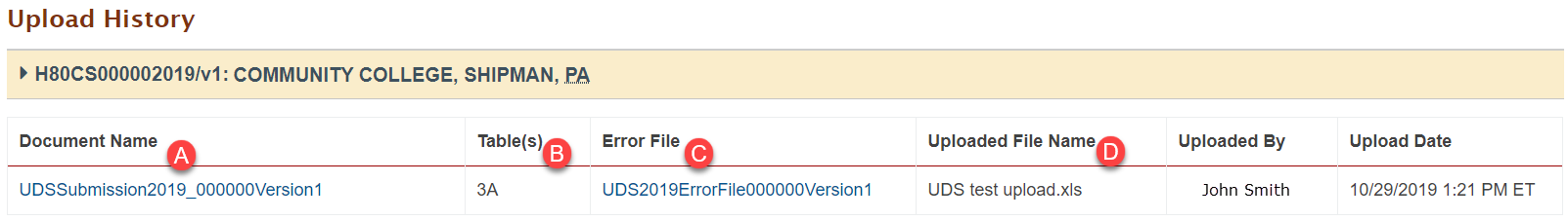 EHBs KB for Grantees > Uniform Data System (UDS) Enhancements > Upload History.png (Upload History page) Screenshot of Upload History page